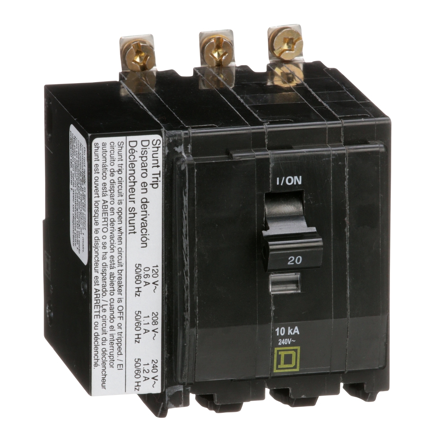 Mini circuit breaker, QO, 20A, 3 pole, 120/240VAC, 10kA, bolt on, AC shunt