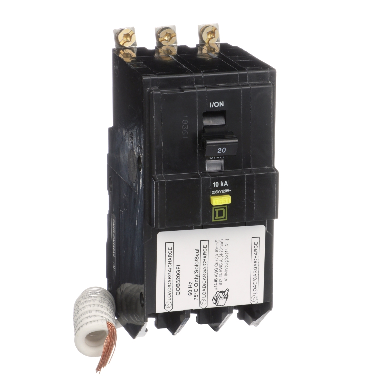 Mini circuit breaker, QO, 20A, 3 pole, 208Y/120VAC, 10kA, bolt on, 6mA grd fault A, pigtail [TAA]