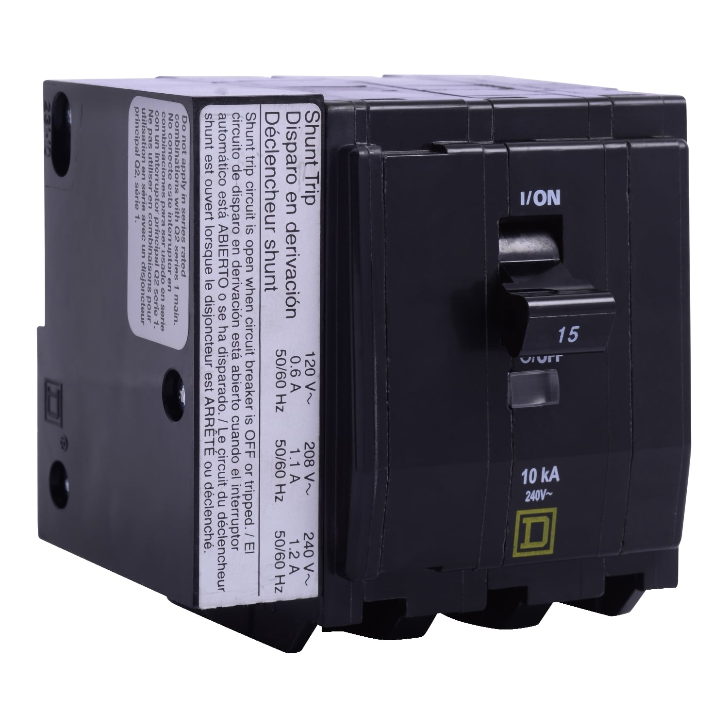Mini circuit breaker, QO, 25A, 3 pole, 120/240VAC, 10kA, bolt on, AC shunt