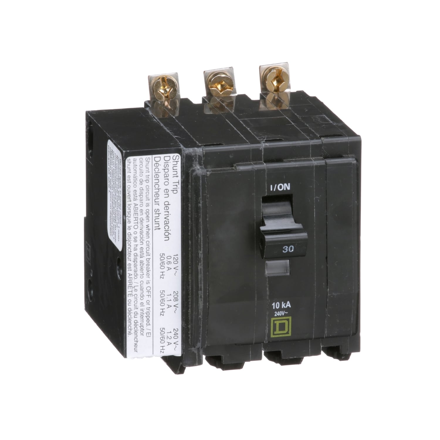 Mini circuit breaker, QO, 30A, 3 pole, 120/240VAC, 10kA, bolt on, AC shunt