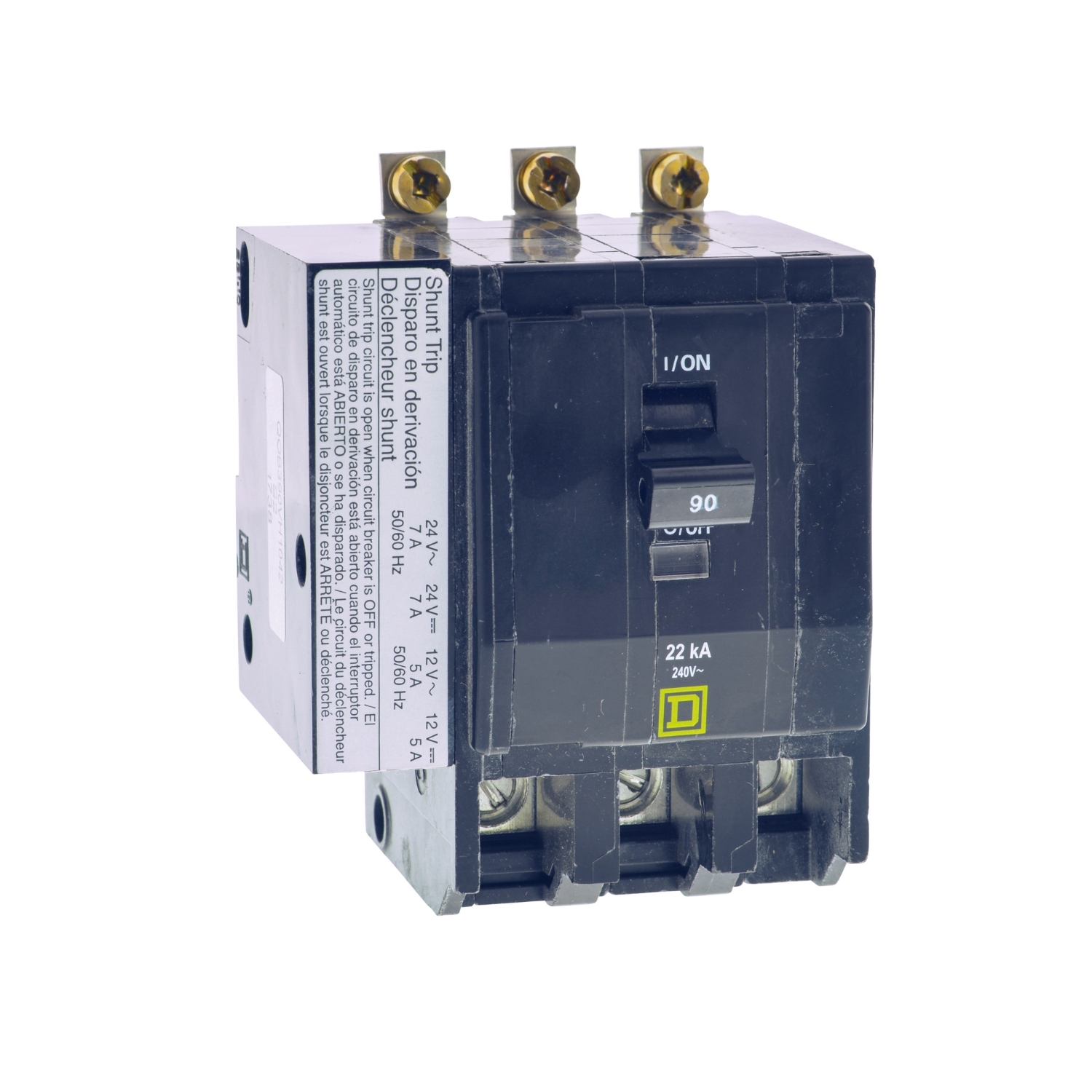Mini circuit breaker, QO, 30A, 3 pole, 120/240VAC, 10kA, bolt on, AC/DC shunt