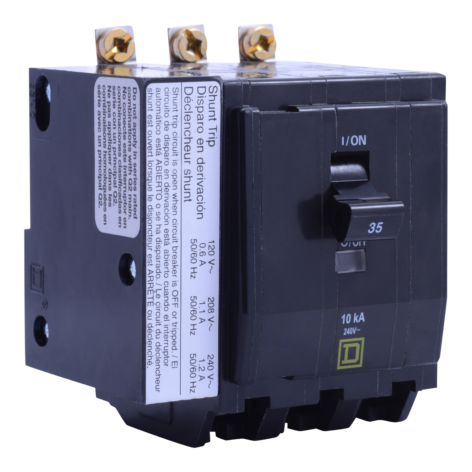 Mini circuit breaker, QO, 35A, 3 pole, 120/240VAC, 10kA, bolt on, AC shunt