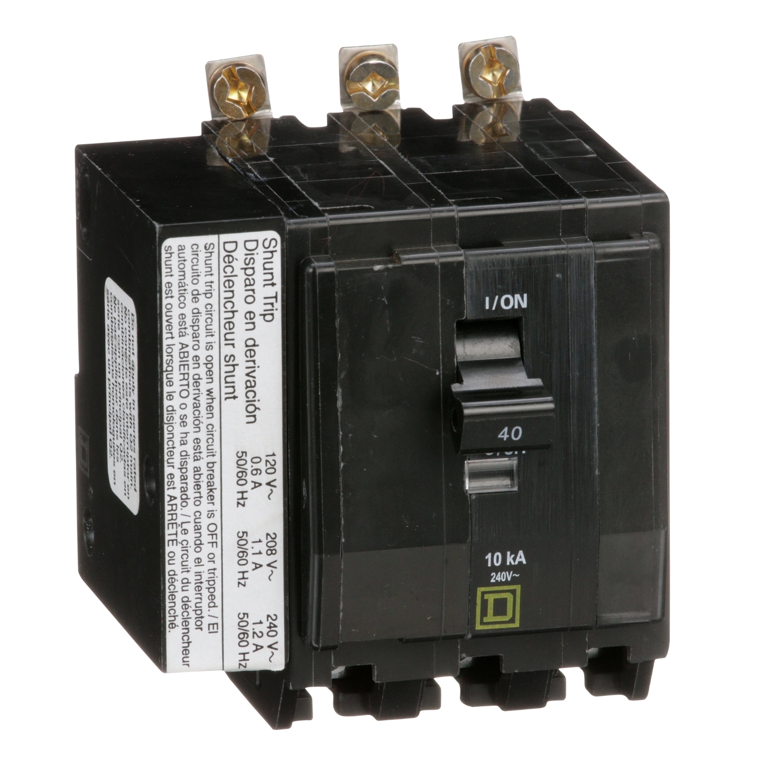 Mini circuit breaker, QO, 40A, 3 pole, 120/240VAC, 10kA, bolt on, AC shunt