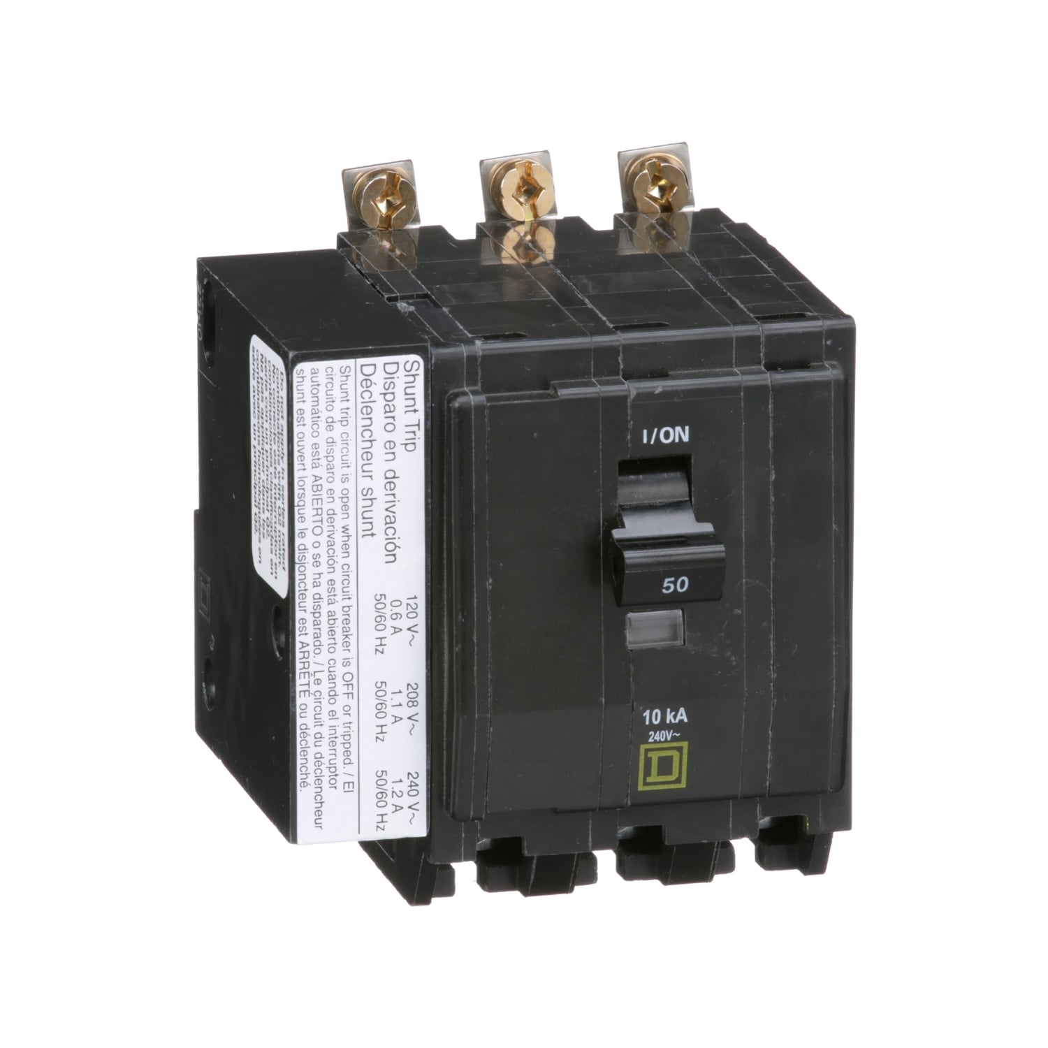 Mini circuit breaker, QO, 50A, 3 pole, 120/240VAC, 10kA, bolt on, AC shunt