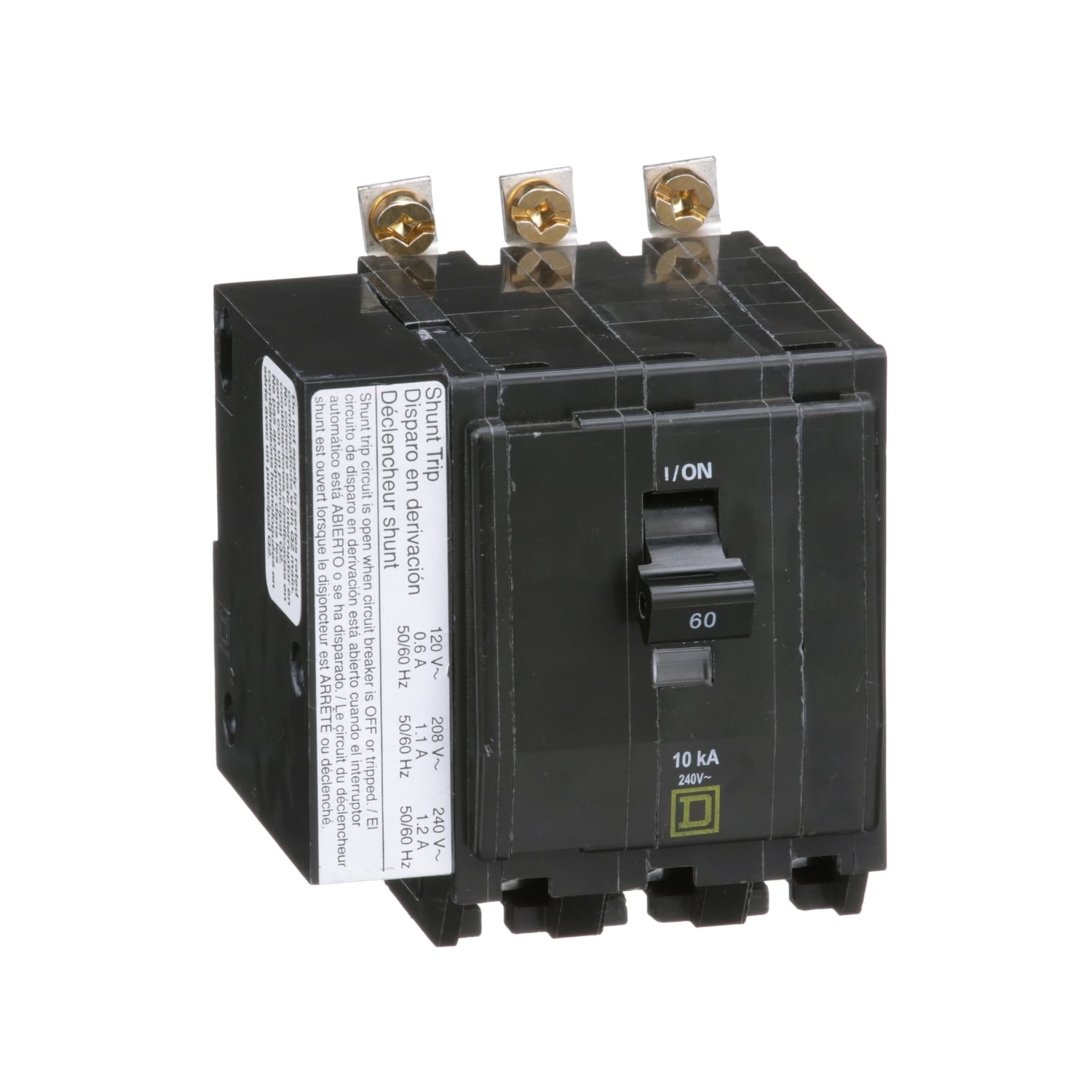 Mini circuit breaker, QO, 60A, 3 pole, 120/240VAC, 10kA, bolt on, AC shunt
