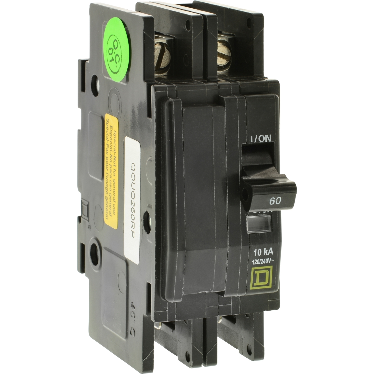 Mini circuit breaker, QOU, 60A, 2 pole, 120/240VAC, 10kA, four point quick connect terminals, returnable packaging