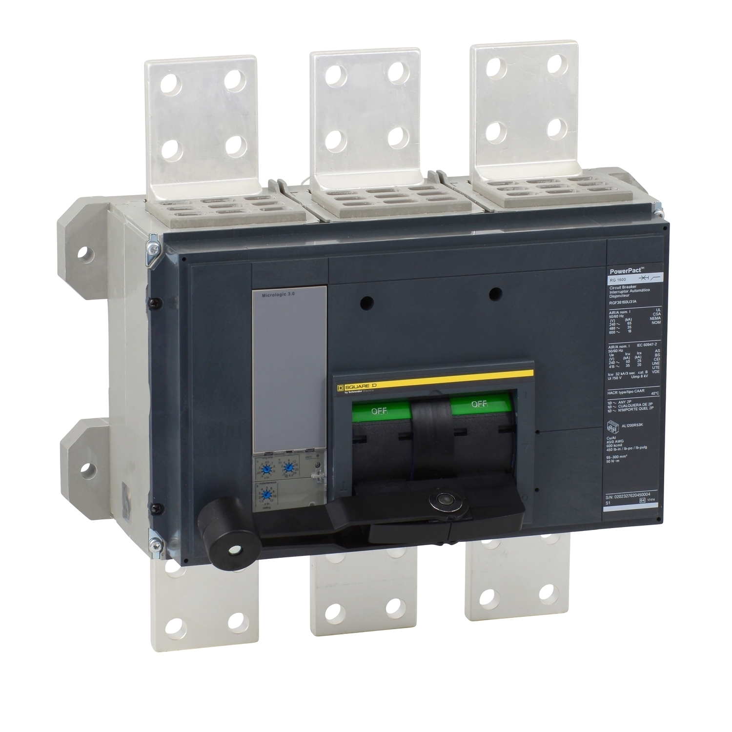 Circuit breaker, PowerPacT R, 2000A, 3 pole, 600VAC, 18kA, busbar, Micrologic 3.0, 80%