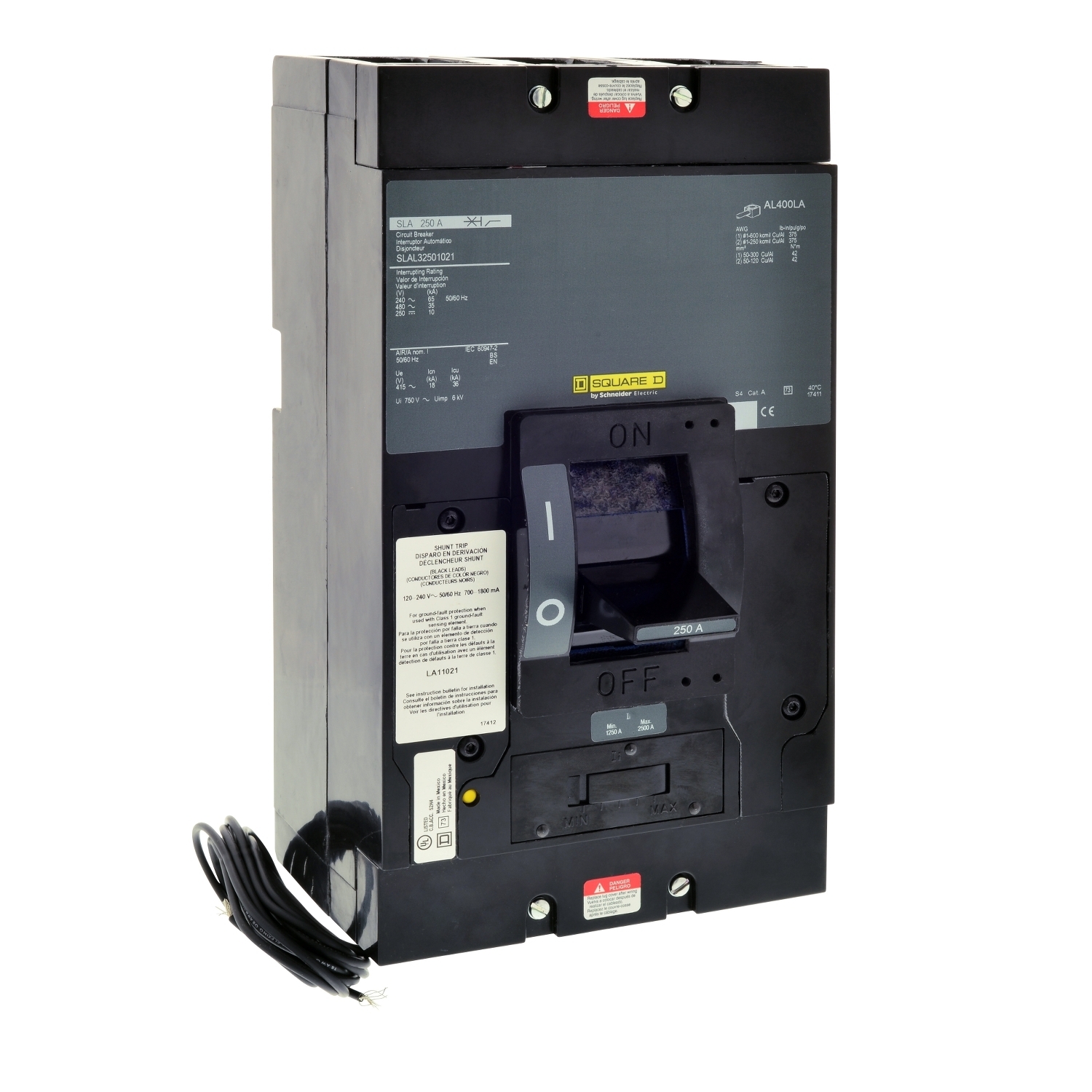 Circuit breaker, SLA, 250A, 3 pole, 480VAC, 35kA, 250VDC, unit mount, thermal magnetic, shunt trip