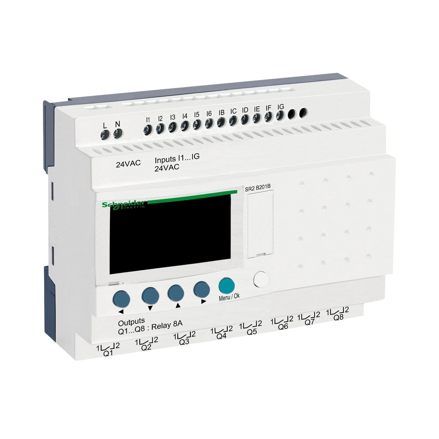 compact smart relay, Zelio Logic SR2 SR3, 20 IO, 24V AC, clock, display