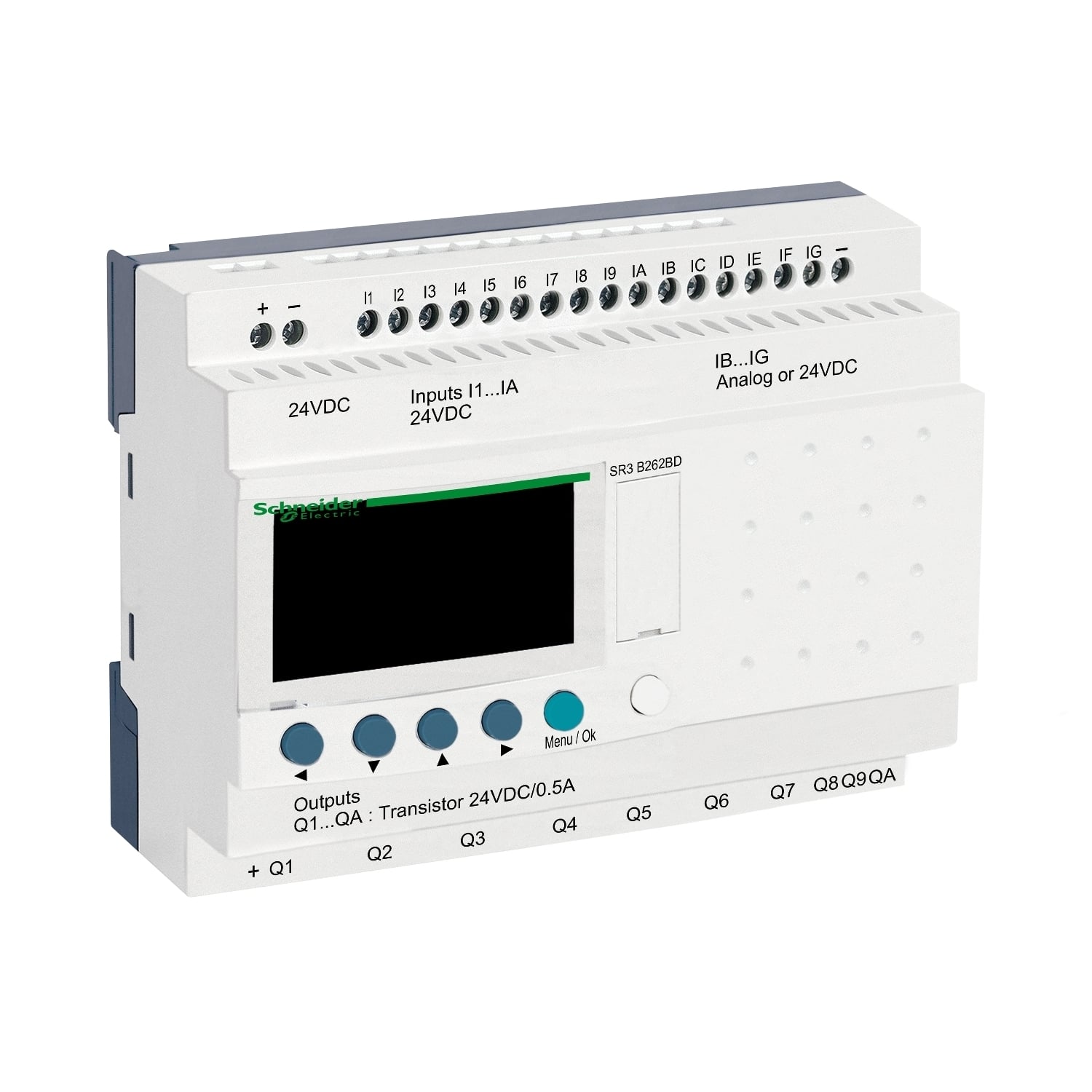 modular smart relay, Zelio Logic SR2 SR3, 26 IO, 24V DC, clock, display, 10 transistor outputs
