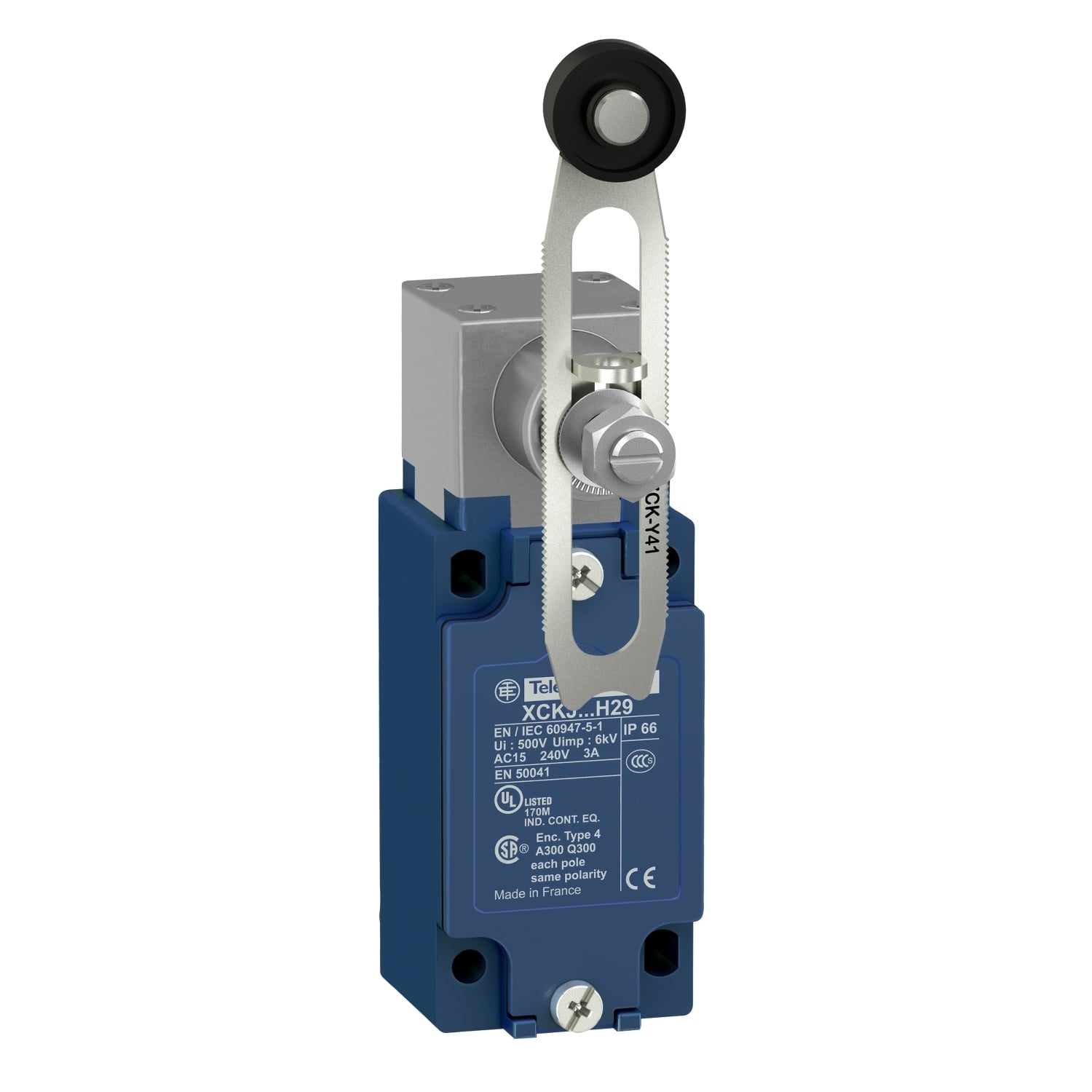 Limit switch,  XC Standard, XCKJ, thermoplastic plastic roller lever var. length, 1NC+1 NO, snap, Pg13