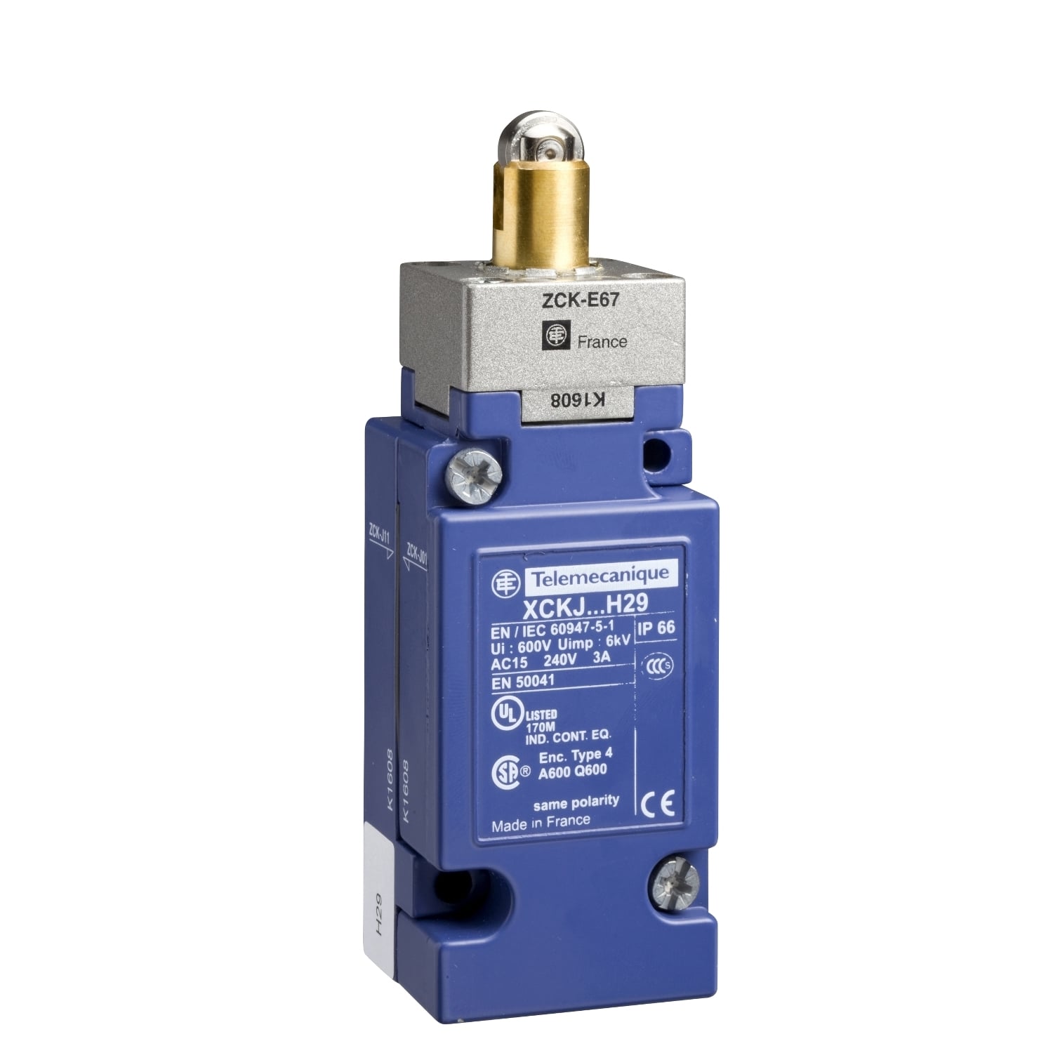 Limit switch,  XC Standard, XCKJ, steel roller plunger reinforced, 1C/O, snap, Pg13