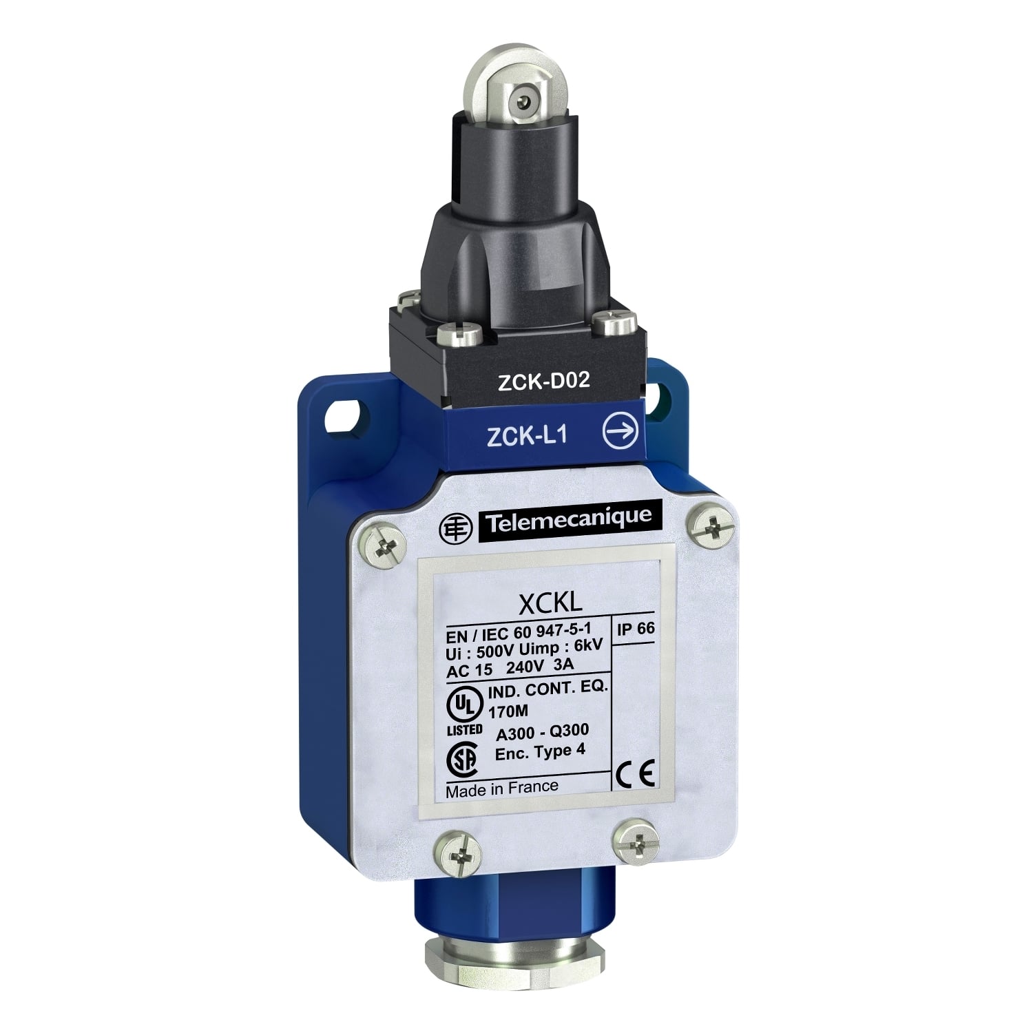Limit switch, Limit switches XC Standard, XCKL, steel roller plunger, 1NC+1 NO, snap action, 1/2NPT
