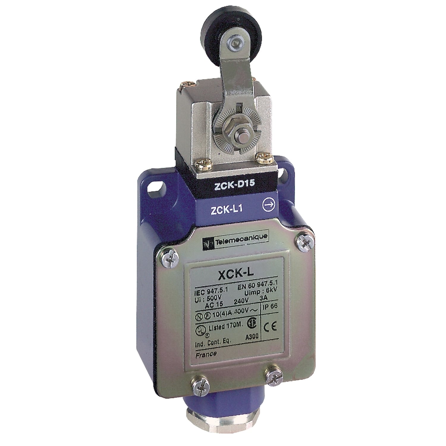 Limit switch, Limit switches XC Standard, XCKL, thermoplastic roller lever, 1NC+1 NO, snap action