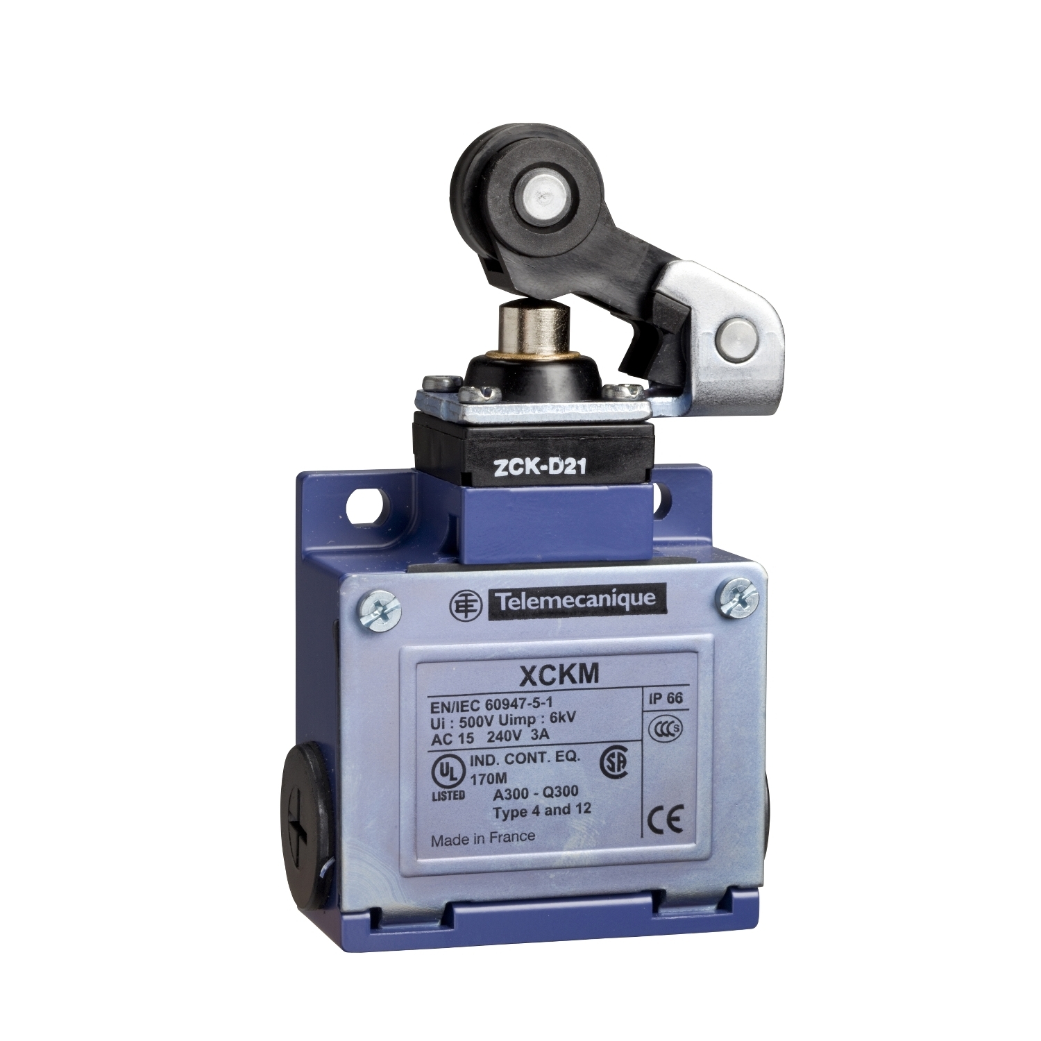 Limit switch, Limit switches XC Standard, XCKM, thermoplastic roller lever plunger, 1NC+1 NO, snap, Pg11