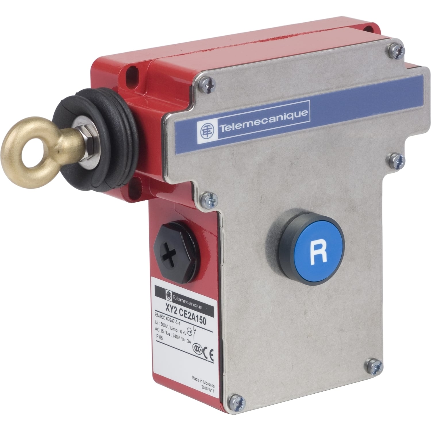 Latching emergency stop rope pull switch, Telemecanique rope pull switches XY2C, e XY2CE, LH side -1NC+1 NO, Flush pushbutton