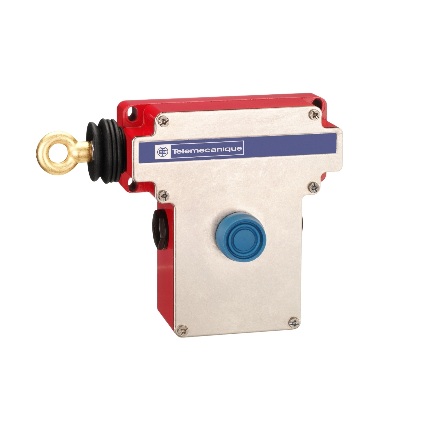 Latching emergency stop rope pull switch, Telemecanique rope pull switches XY2C, e XY2CE, LH side -2NC+2 NO, Booted pushbutton