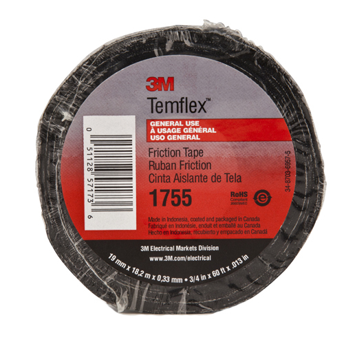 3M(TM) Temflex(TM) Cotton Friction Tape 1755-1-1/2 x 82-1/2 ft, Black, 1 1/2 in x 82 1/2 ft (38 mm x 25,1 m), 30 per case