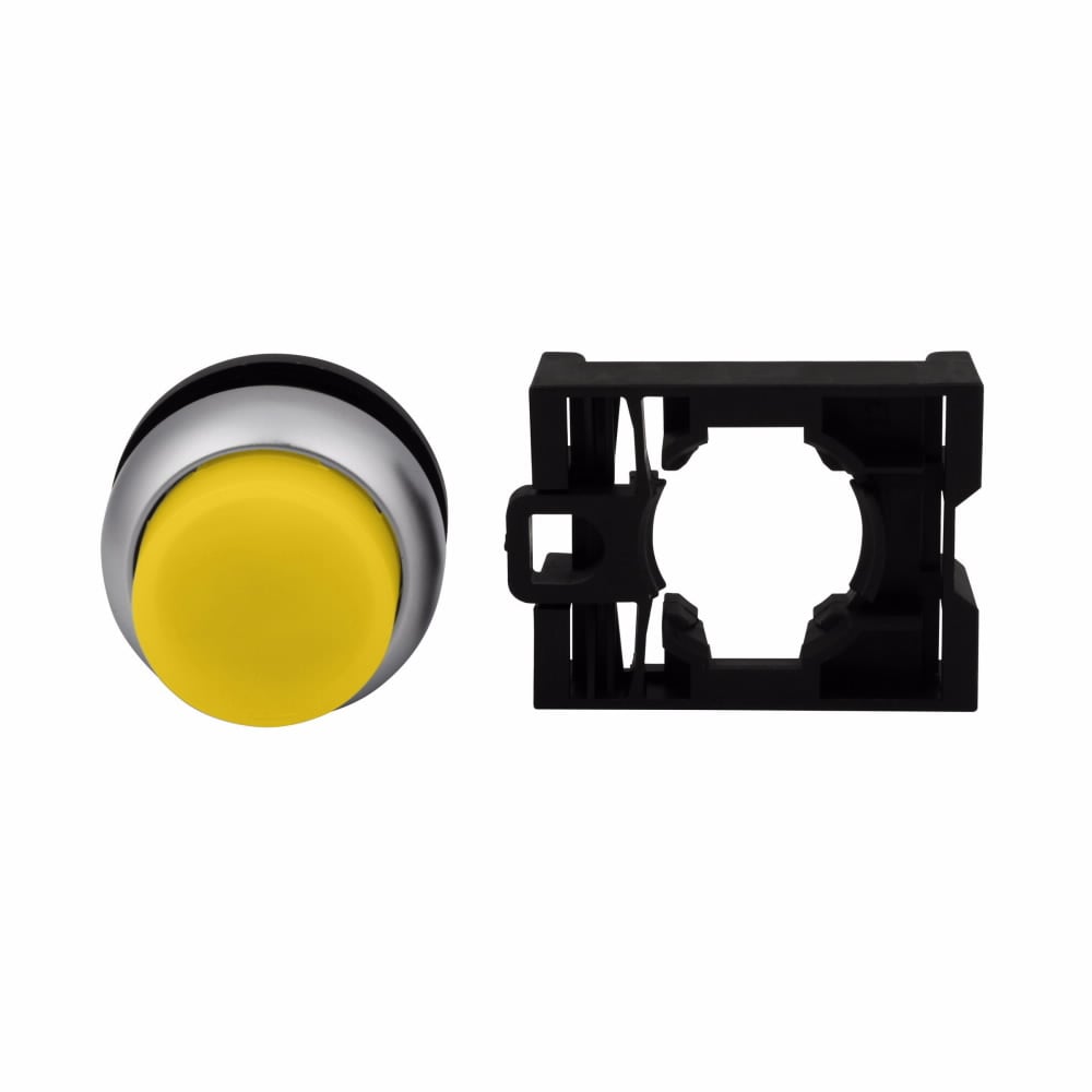 Eaton M22 modular pushbutton, 22.5 mm, Extended, Momentary, Illuminated, Bezel: Silver, Button: Yellow, IP67, IP69K, NEMA 4x, 13, 5,000,000 Million mechanical operations