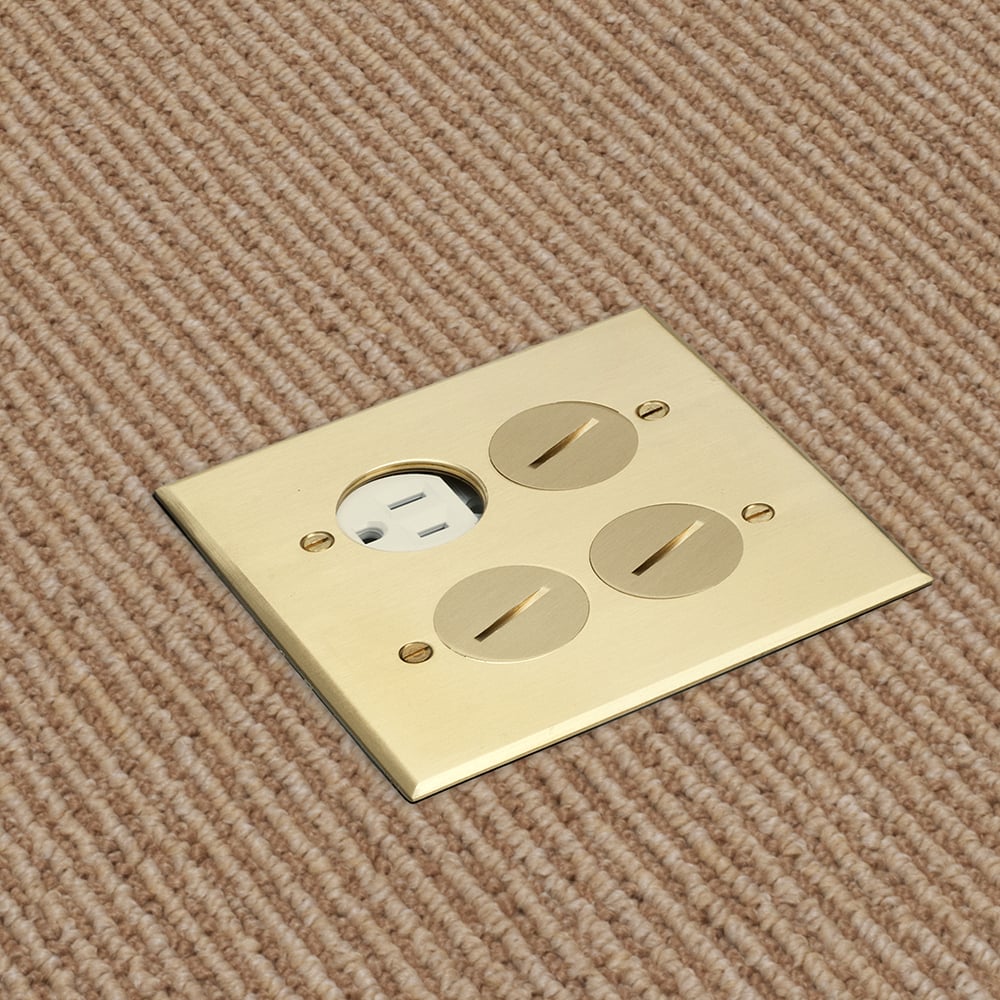 Floor box kit with steel box and metallic cover with four threaded plugs. Two gang. Brass.
