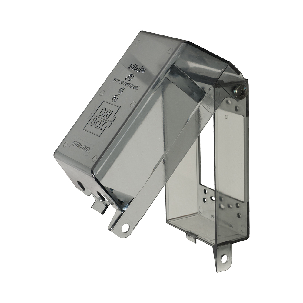 Drybox adapter with non metallic cover and base. Two gang. Vertical clear cover. Depth 4.1"