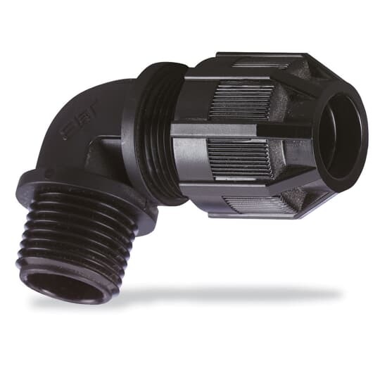 Liquidtight Strain Relief Connector, 90 Degree Bend, 3/4 Inch NPT Thread, Cable Range 0.310 Inch/7.9mm to 0.560 Inch/14.2mm, IP65 Rating, UV Resistant Polyamide 6.6 Body, Black