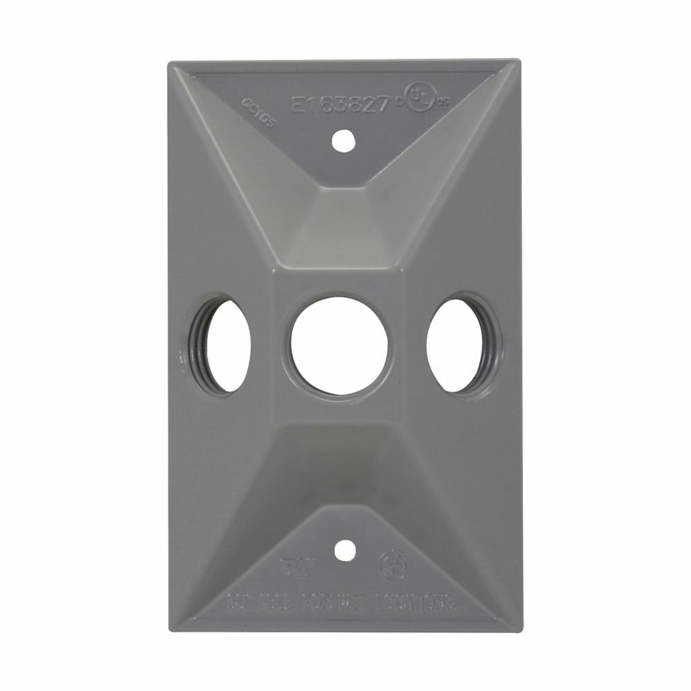 Eaton Crouse-Hinds series weatherproof lamp holder cover, Gray, Die cast aluminum, (3) 1/2" outlet holes, Rectangular
