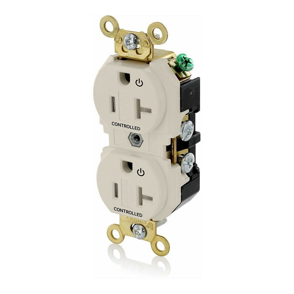 20 Amp. 125 Volt. NEMA 5-20R. 2P/3W. Industrial Series Extra Heavy Duty Specification Grade. Duplex Receptacle. 2 Plug Controlled Markings. Straight Blade. Self Grounding. Back And Side 8 Hole Feed-Thru Wired. Contractor Pack - Light Almond