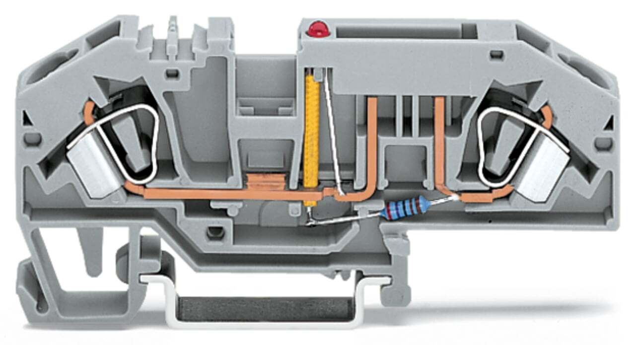 2-conductor fuse terminal block; for automotive blade-style fuses; with test option; with blown fuse indication by LED; 24 V; for DIN-rail 35 x 15 and 35 x 7.5; 6 mm; CAGE CLAMP; 6,00 mm; gray