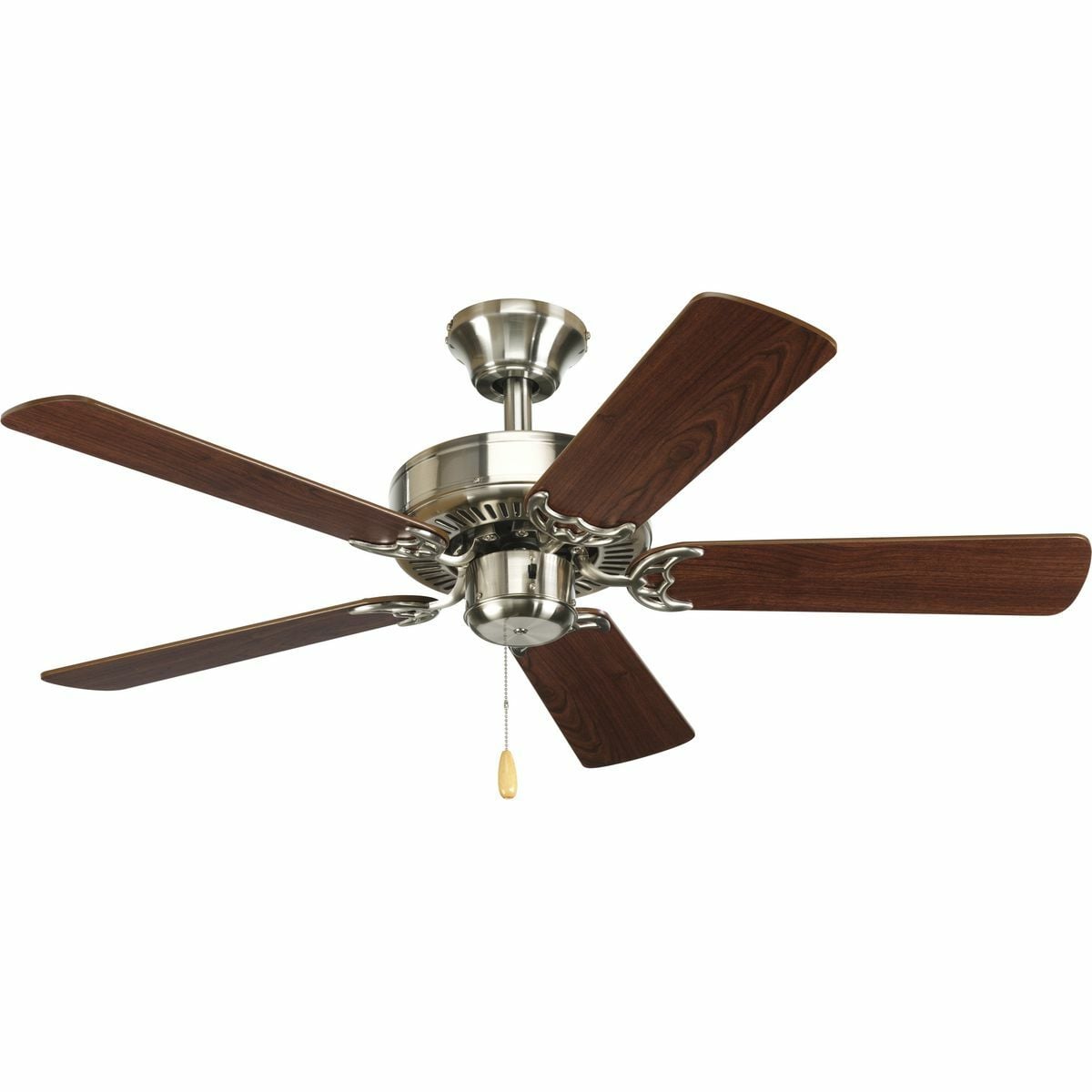 42 inch AirPro ceiling fan with 5 reversible Cherry/Natural Cherry blades, Brushed Nickel finish, and 15 year limited warranty. Integral pull chain is Chrome with walnut fob. Powerful AirPro motor features 3-speed control that can also be reversed to provide year-round comfort. Includes convenient Quick-Install canopy system and can be installed on vaulted ceilings up to 4:12 pitch, additionally, the fan can be installed with no downrod to accommodate lower ceilings.