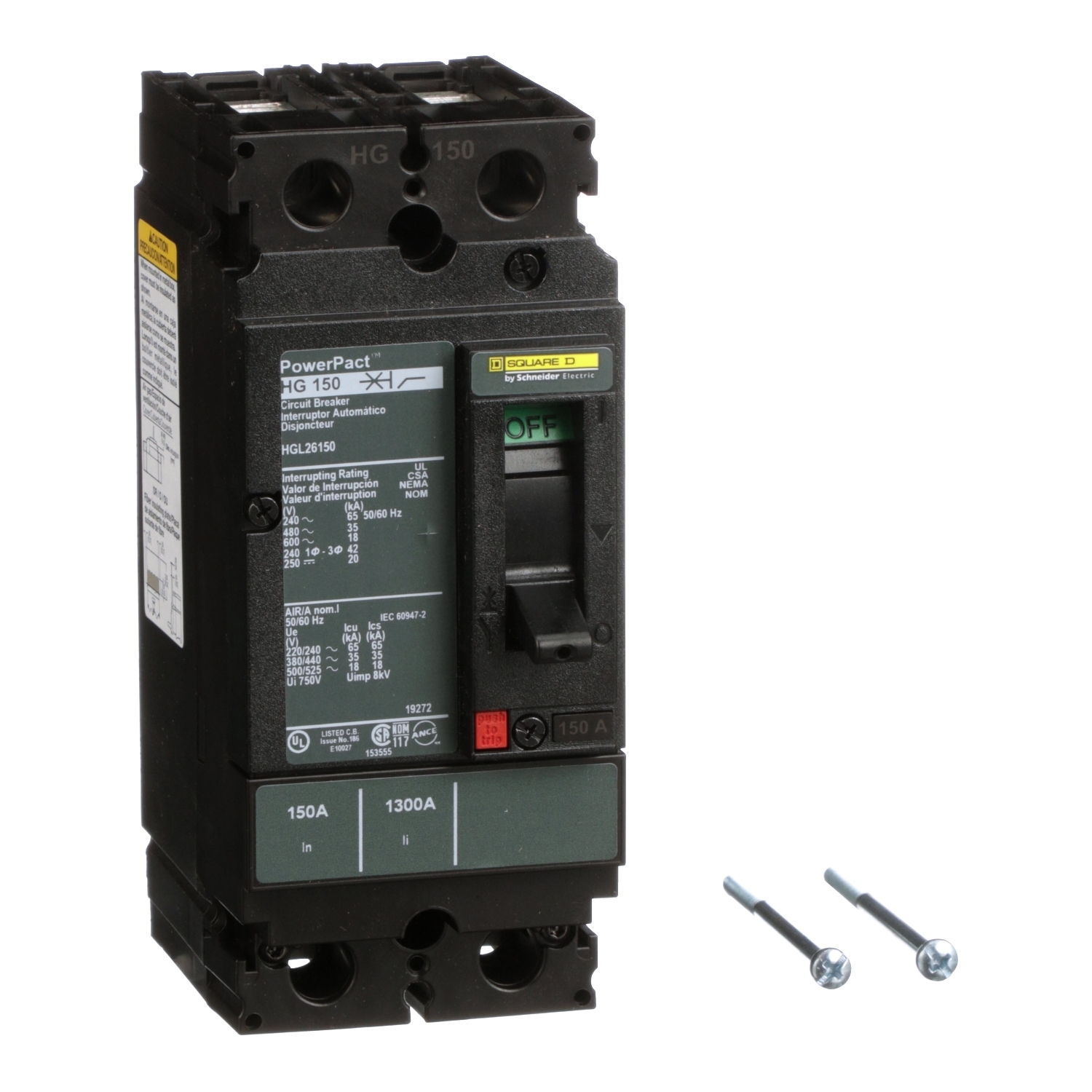 Circuit breaker, PowerPacT H, 150A, 2 pole, 600VAC, 18kA, lugs, thermal magnetic, 80%