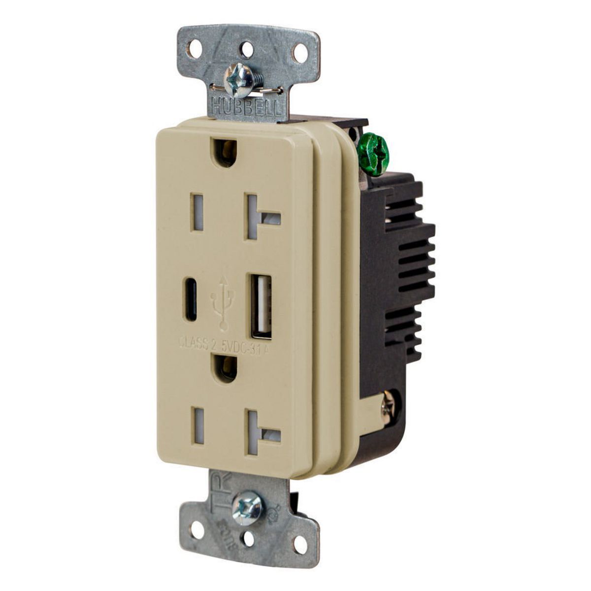 USB Charger Duplex Receptacle, 20A 125V,2-Pole 3-Wire Grounding, 5-20R, 1) 3.1 A "C" USB and "A" Ports, Ivory