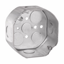 Eaton Crouse-Hinds series Octagon Outlet Box, (3) 1/2", (2) 3/4", 4", Conduit (no clamps), 2-1/8", Steel, (4) 1", Fixture rated, 21.5 cubic inch capacity