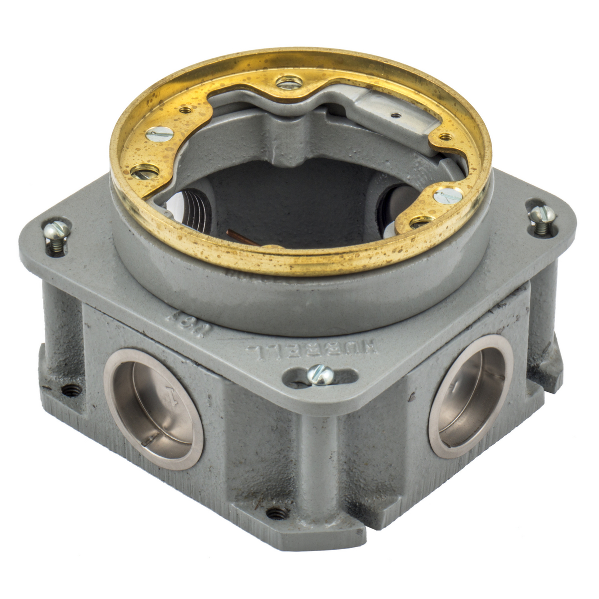 Flush Concrete Floor Box Series, 1-Gang, Round, Cast Iron Box, Shallow, Fully Adjustable, Single Service, Brass Top