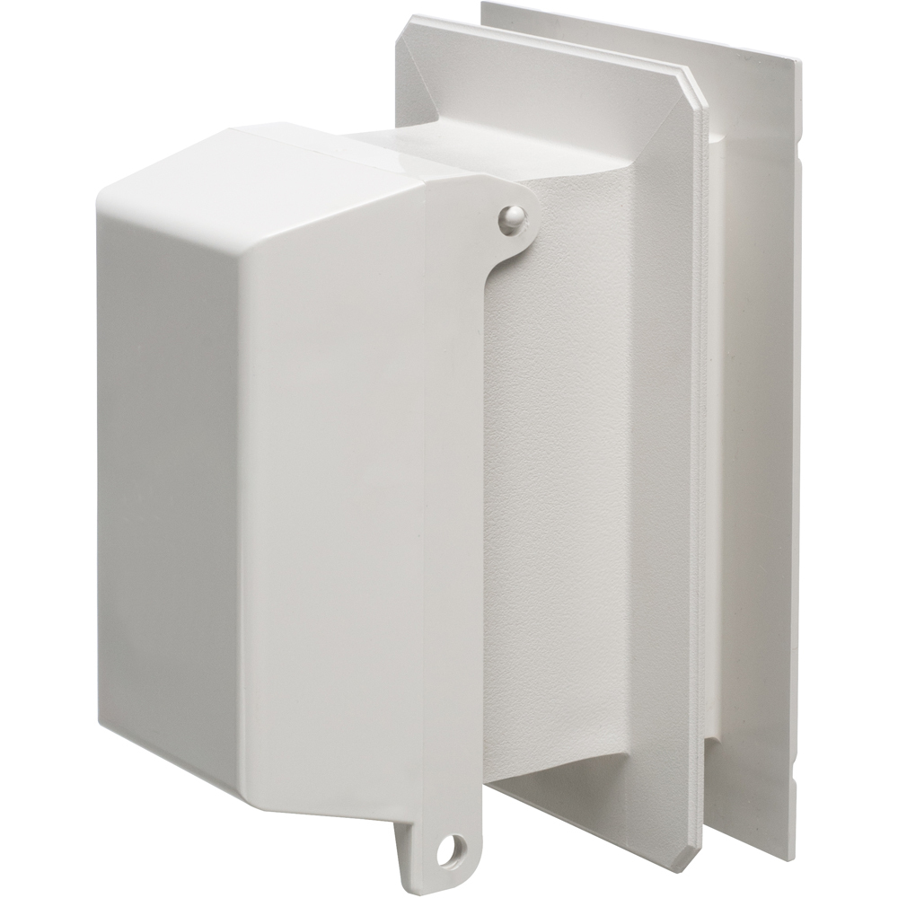 One piece weather proof outlet box for vinyl siding. Extra Duty Covers. Vertical with White Cover.