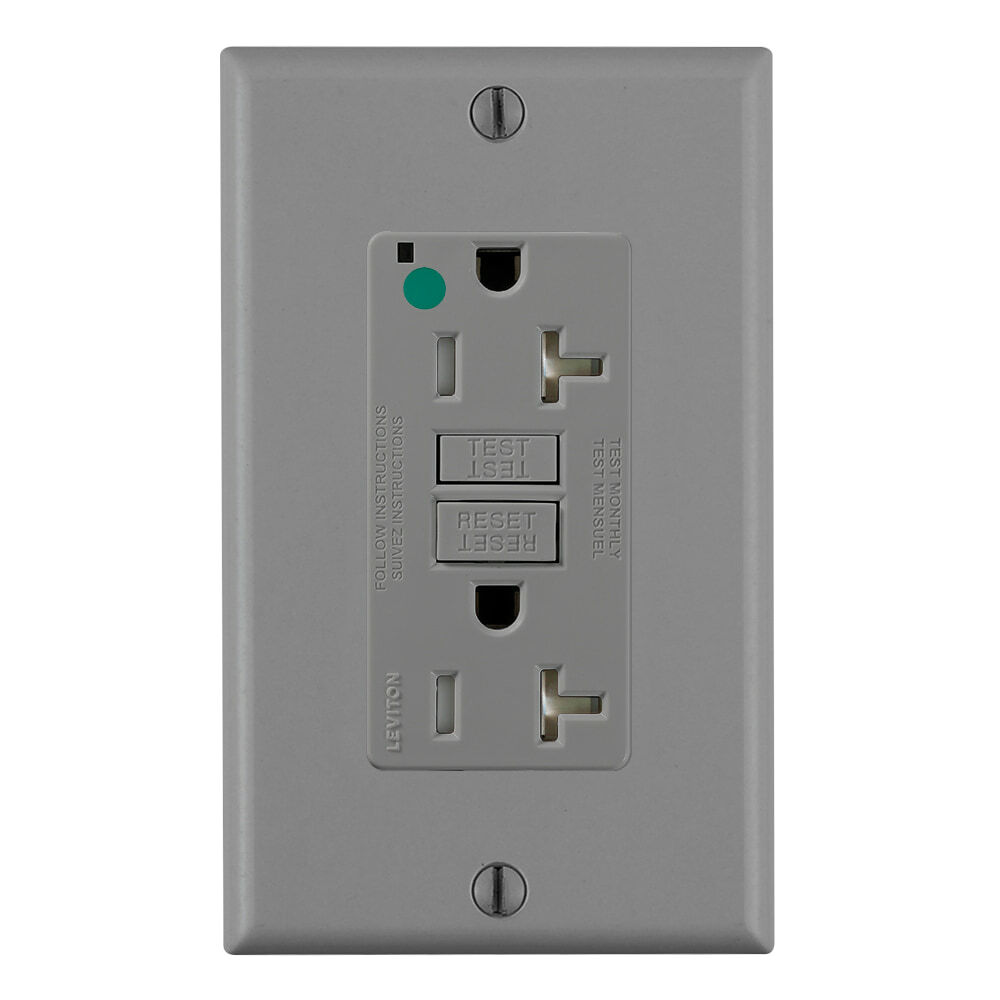 20 Amp, 125 Volt, SmartlockPro Slim Self-Test GFCI Receptacle, Extra-Heavy Duty Hospital Grade, Tamper-Resistant, NEMA 5-20R, 20A Feed-Through, 2P, 3W, Matching Wallplate Included - GRAY