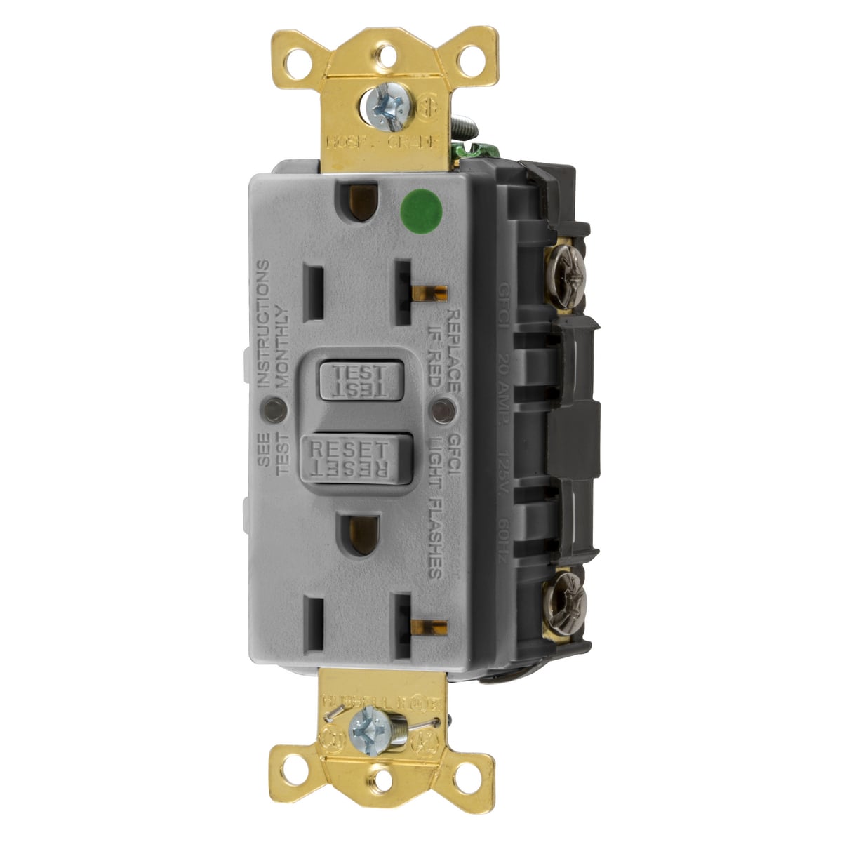 Straight Blade Devices, Receptacle, GFCI, Commercial Hospital Grade, Self Test, 20A 125V, 2-Pole 3-Wire Grounding, 5-20R, Gray