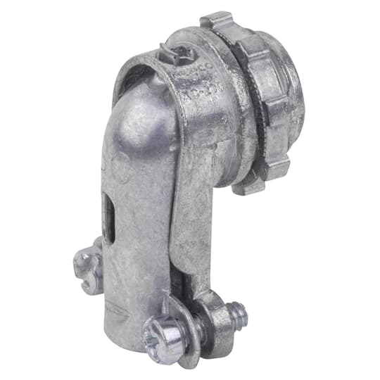 90 Degree Squeeze Type Connector, Conduit Size 3 Inches, Cable Opening 2.961 Inches - 3.288 Inches, Height 6-3/8 Inches, Width 5-1/16 Inches, Material Zinc Plated Malleable Iron, For use with Armored Cable/Flexible Metal Conduit