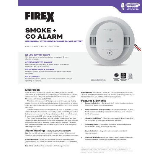 FireX Combination Smoke & Carbon Monoxide Alarm, Hardwired with 1 ...