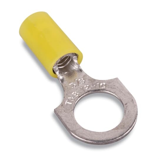 Nylon Insulated Ring Terminal, Length 1.21 Inches, Width .53 Inches, Maximum Insulation .210, Bolt Hole 5/16 Inch, Wire Range #12-#10 AWG, Color Yellow, Copper, Tin Plated, 500 Pack