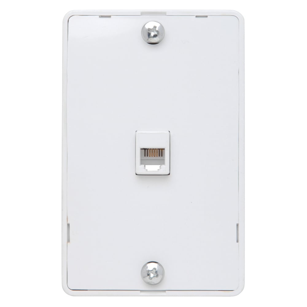 Four conductor modular wall mount telephone jack for hanging phones. White.