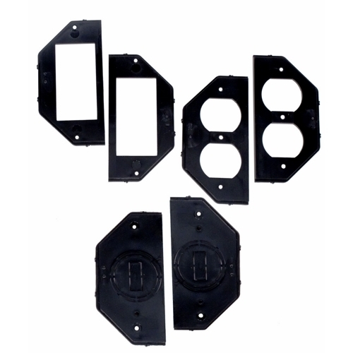 These 6 two-gang Flexi-Guard inserts can be combined to make 70 configurations for two-gang covers. The special pre-scored insert converts to either toggle, or the following round receptacle sizes 1.375 IN, 1.625 IN