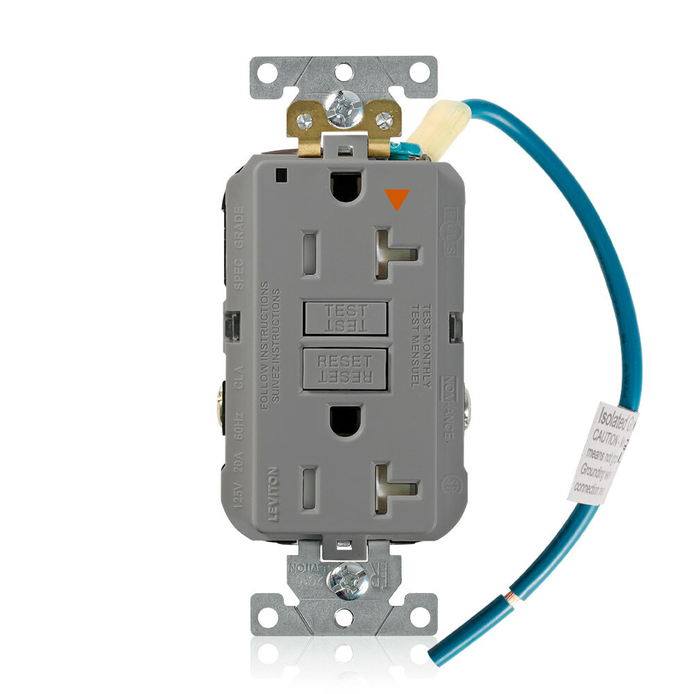 Self-Test, Isolated Ground, Tamper Resistant, Fed-Spec Slim GFCI Receptacle. NEMA 5-20R 20A-125V @ Receptacle, 20A-125V Feed-through, Lighted, Gray, W/Gray Test And Reset Button, With Mounting Screws, Washers, Instruction Sheets,