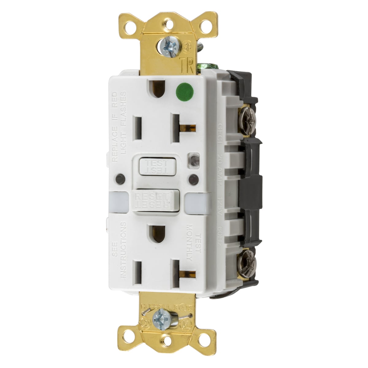 Straight Blade GFCI Receptacle, Tamper Resistant, Commercial Hospital Grade, Self Test, 20A 125V, 2-Pole 3-Wire Grounding, 5-20R, with Nightlight
