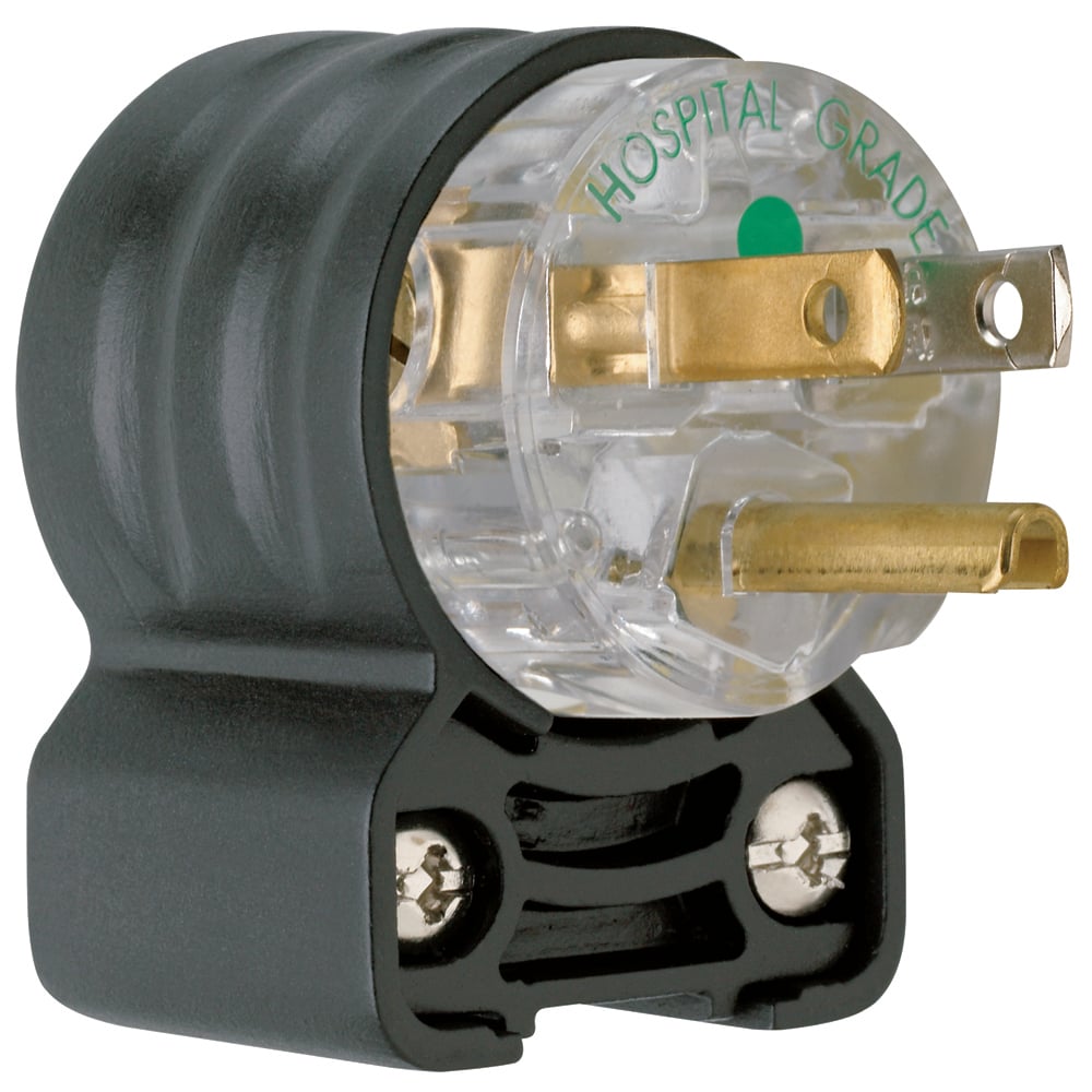 15amp 125v, Hospital Grade Angle Plug, 2pole 3wire, Black & Clear