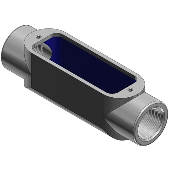 BlueKote Thru-Feed Form 8, 3/4 Inch Conduit Body, Body Material Gray Iron with Zinc Plating and Baked On Epoxy Powder Coat with BlueKote Internal Coating for Use with Rigid/IMC Conduit