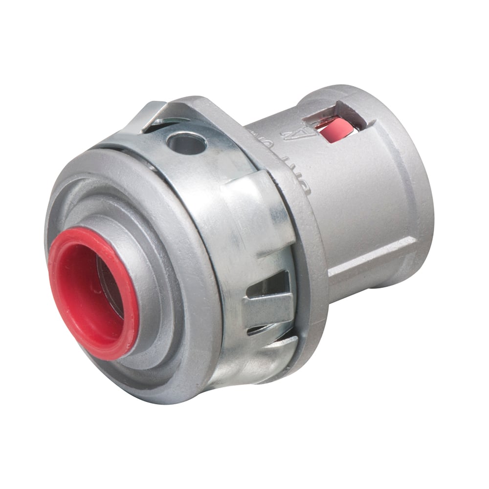 Zinc die-cast, 3/4" Knockout MC cable connector snaps quickly onto the conduit with an internal spring steel clip, no tools required. Concrete tight when taped. Red tinted internal clip indicates easier insertion of conduit and comes with Insulated throat.