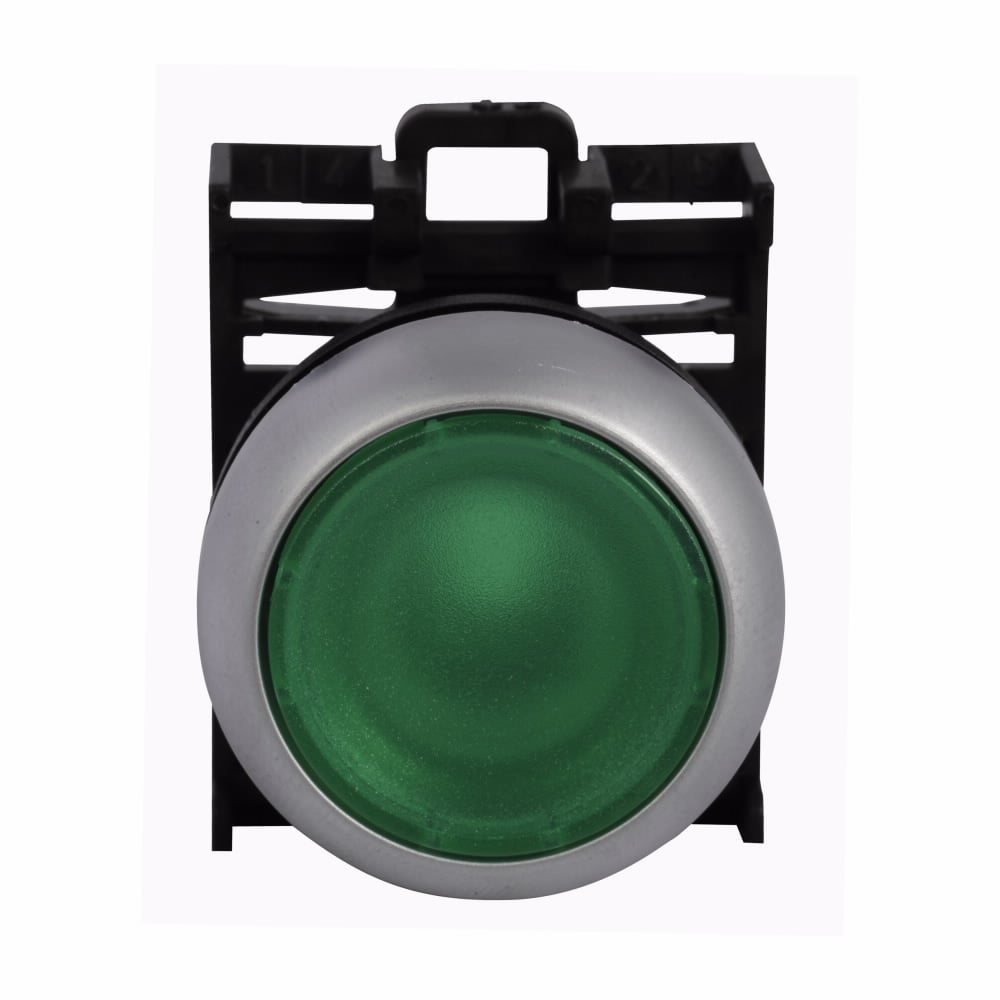 Eaton M22 modular pushbutton, 22.5 mm, Flush, Momentary, Illuminated, Bezel: Silver, Button: Green, IP67, IP69K, NEMA 4x, 13, 5,000,000 Million mechanical operations