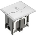 Metallic adjustable floor box. Nickel with flip lids. Includes tamper resistant duplex receptacle, cover plate with gasket and Arlington NM94 connector and Arlington NM900 knockout plug.