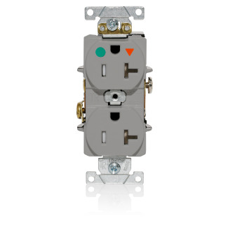 Duplex Receptacle, Tamper-Resistant, Hospital Grade, Isolated Ground, 2-Pole 3-Wire Grounding, NEMA 5-20R, 20A-12V. Flat Face, Back And Side Wired, Gray. 1-piece Ground-Contractor Pack
